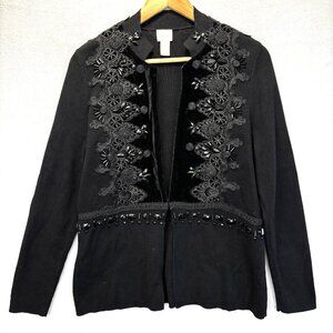 Chico's 2 Embellished Cardigan Sweater (Large) Black Velvet Beaded Lace Jacket